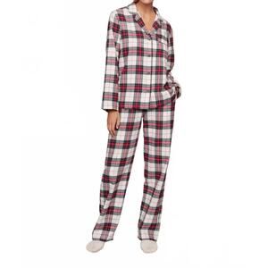 NEW EBERJEY flannel long pajama set in plaid ivory/holly red